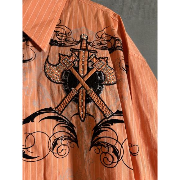 Lamasini Shirt Mens XL Orange Embroidered Sword Axe Studded Western Button Up - Picture 2 of 6